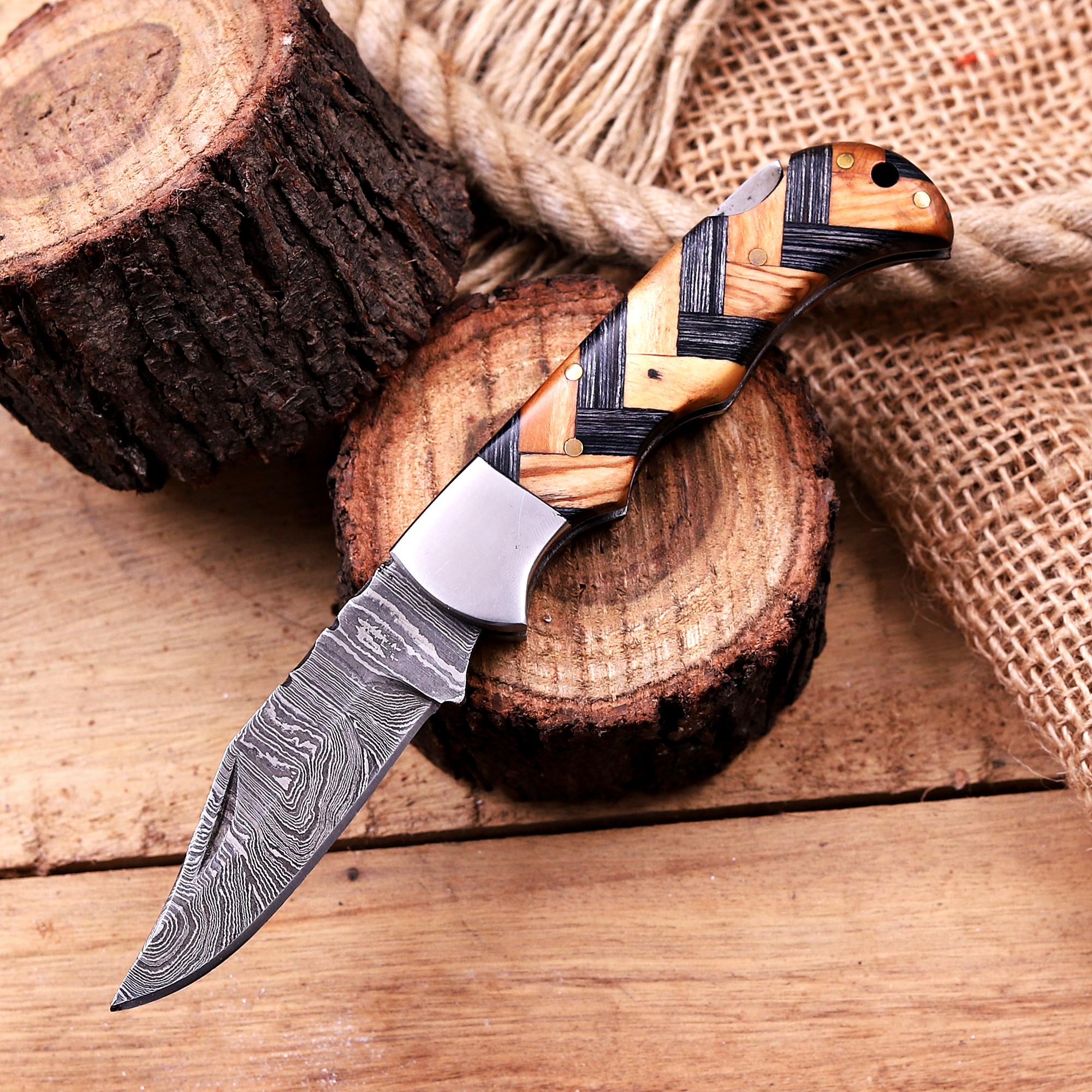 Damascus Folding Knife – Brass Handle - Image 2