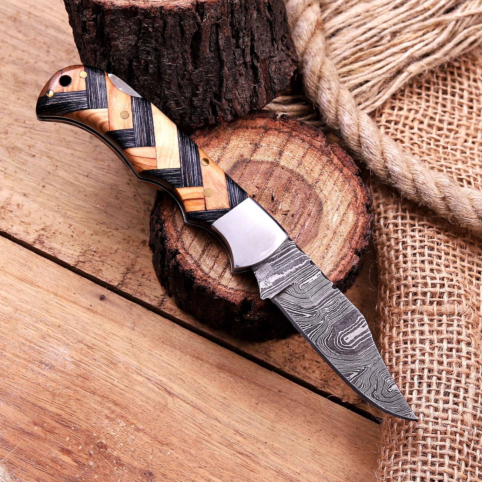Damascus Folding Knife – Brass Handle - Image 3