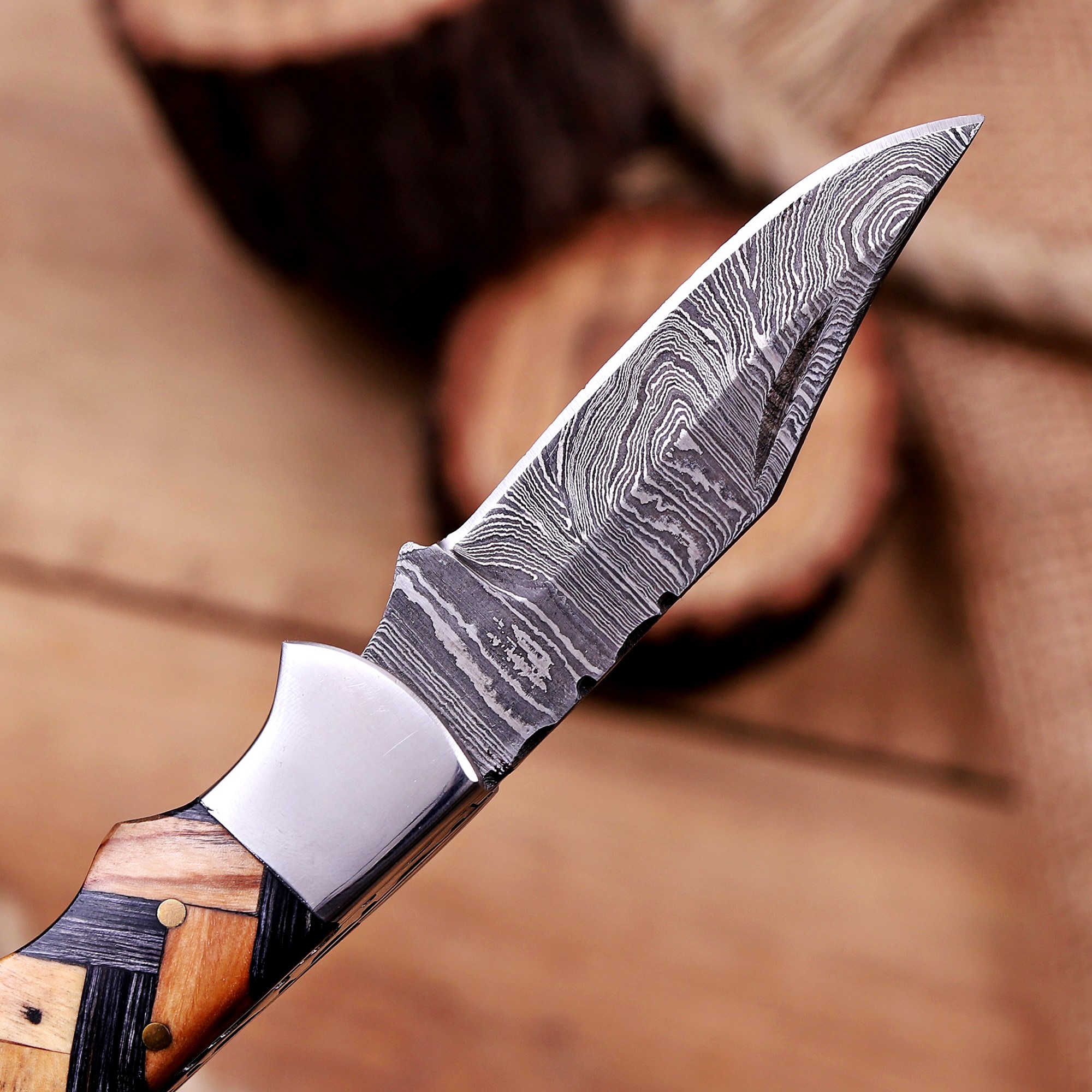Damascus Folding Knife – Brass Handle - Image 5