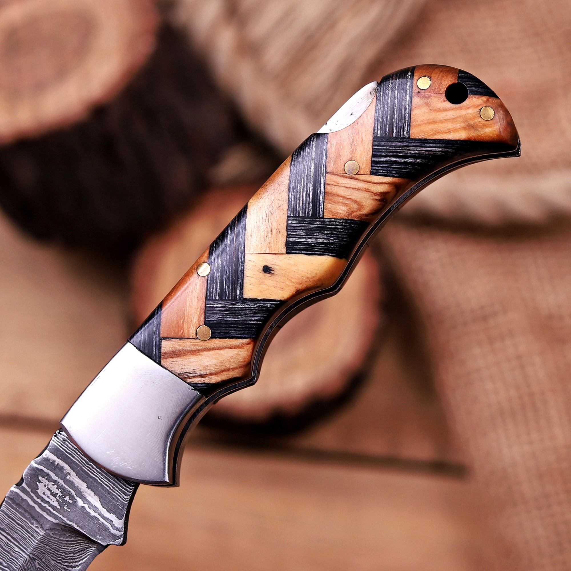 Damascus Folding Knife – Brass Handle - Image 6