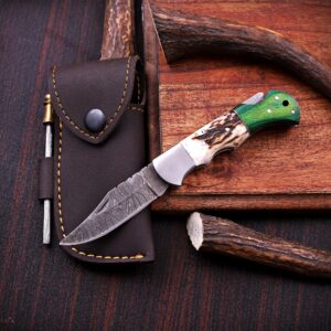 Damascus Folding Knife – Stag Horn & Wood Handle