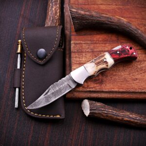 Damascus Folding Knife – Deer Antler Handle