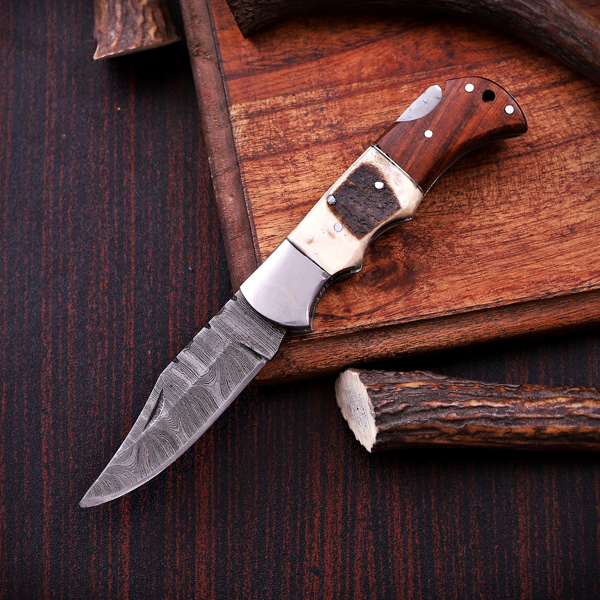 Damascus Folding Knife – Stag Antler Handle - Image 2