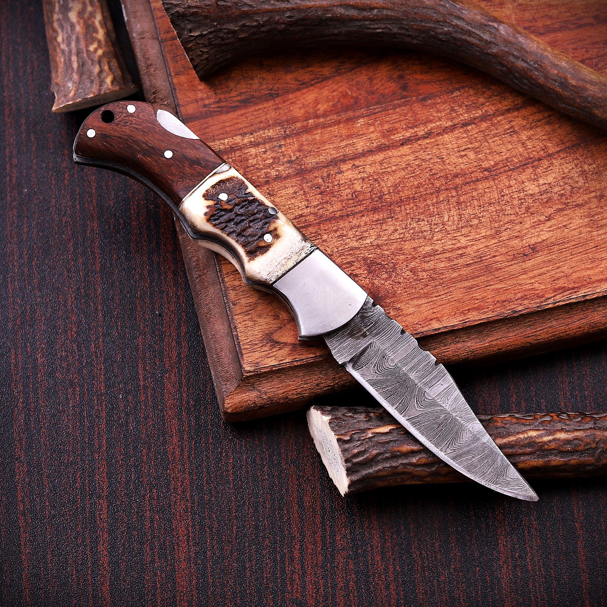 Damascus Folding Knife – Stag Antler Handle - Image 3