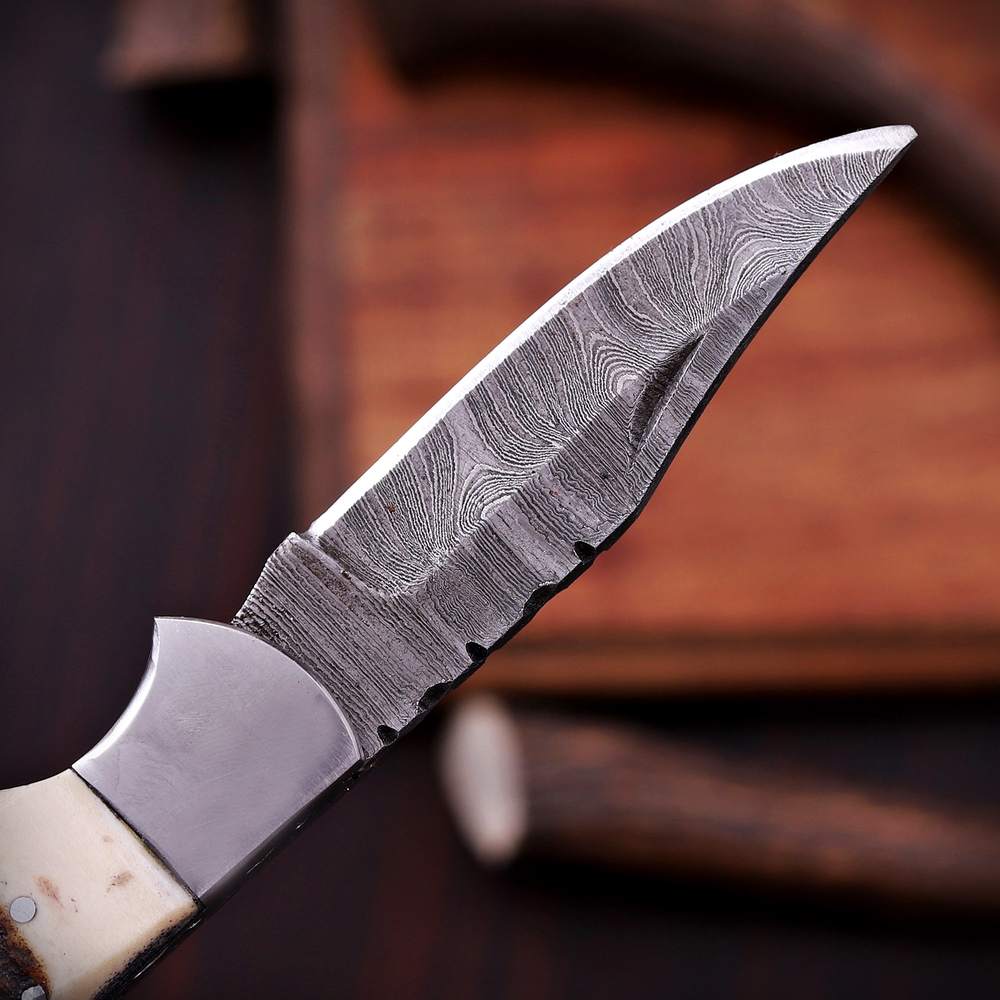 Damascus Folding Knife – Stag Antler Handle - Image 5