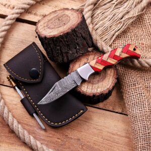 Damascus Folding Knife – Olive & Red Pakka Wood