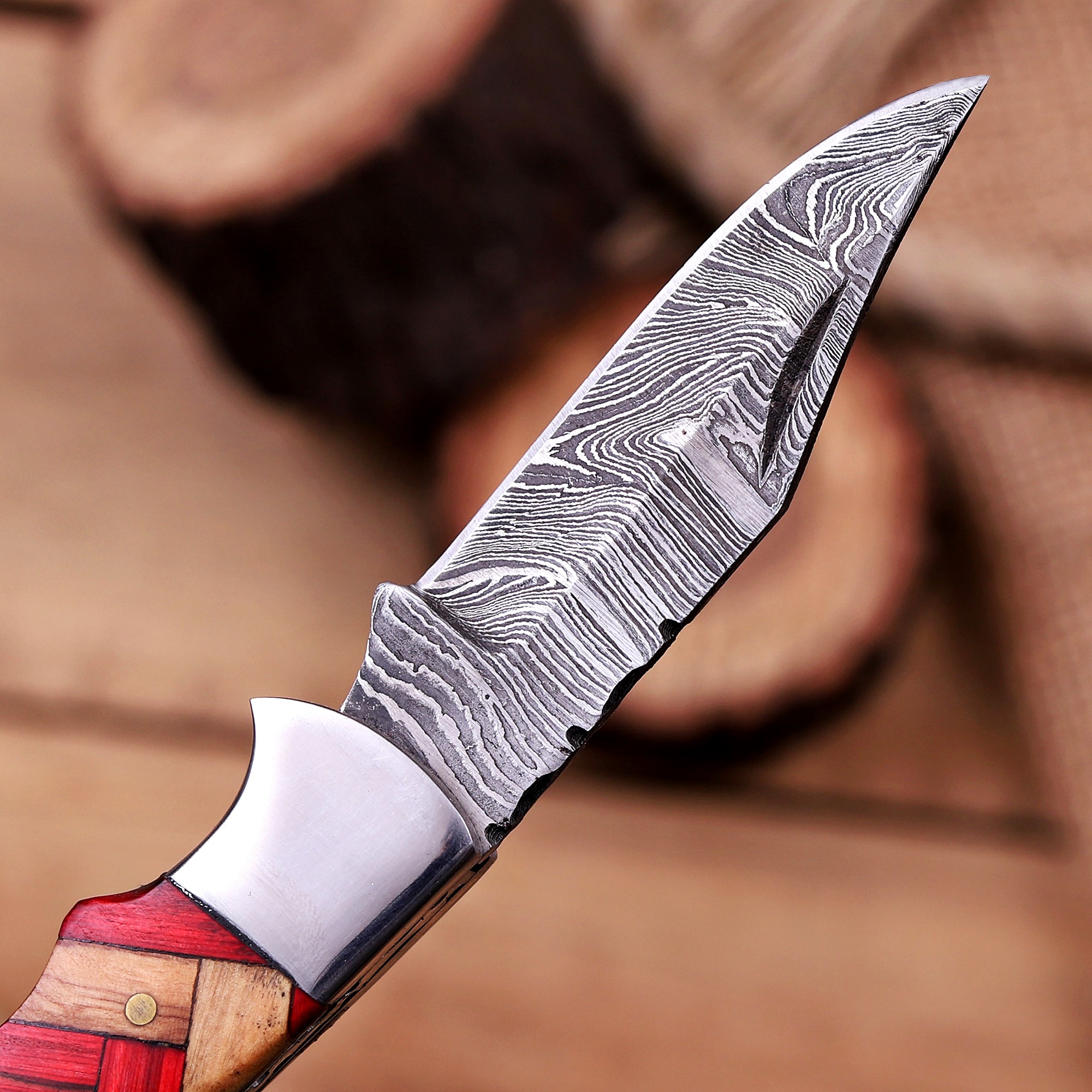 Damascus Folding Knife – Olive & Red Pakka Wood - Image 3