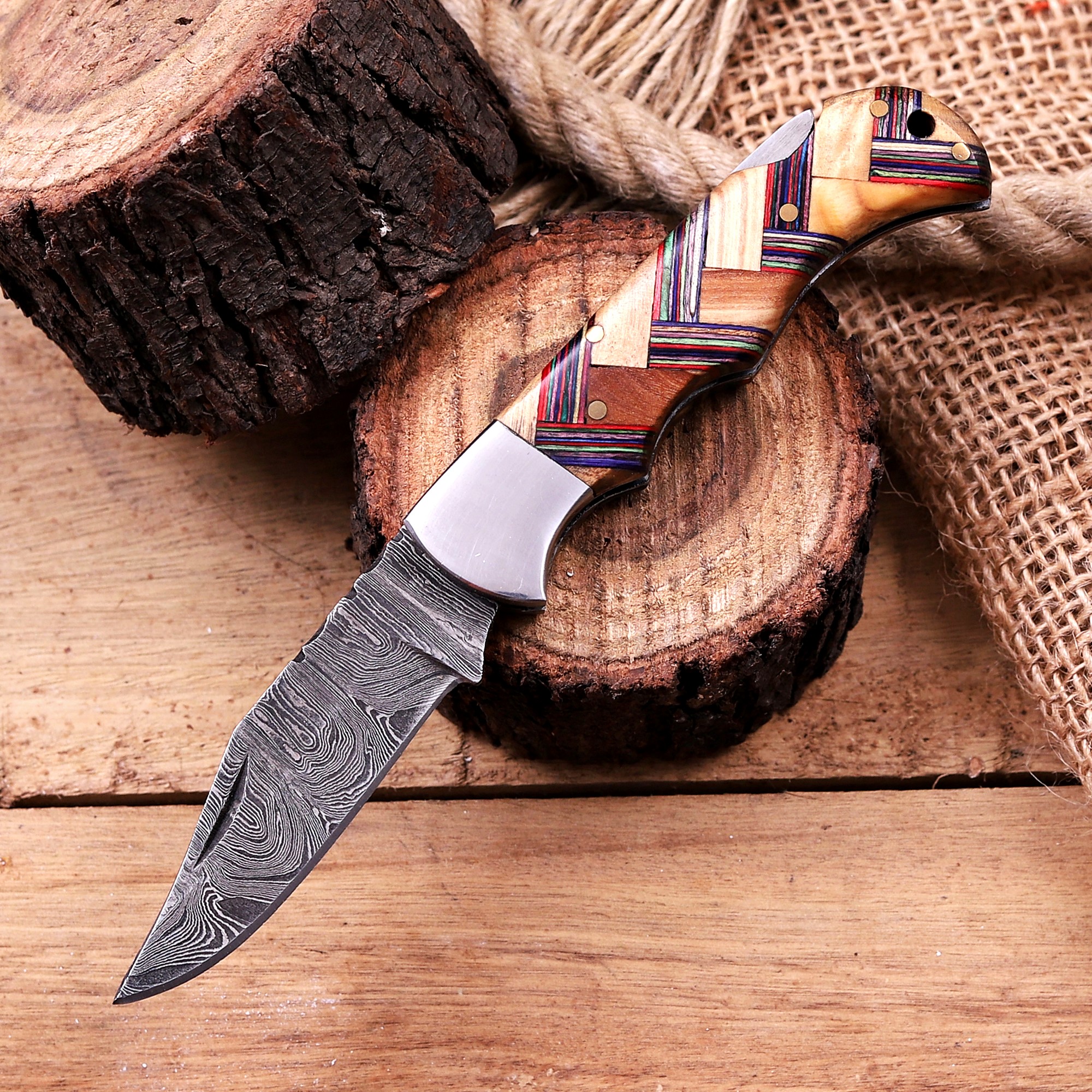 Damascus Folding Knife – Rose Wood Handle - Image 2