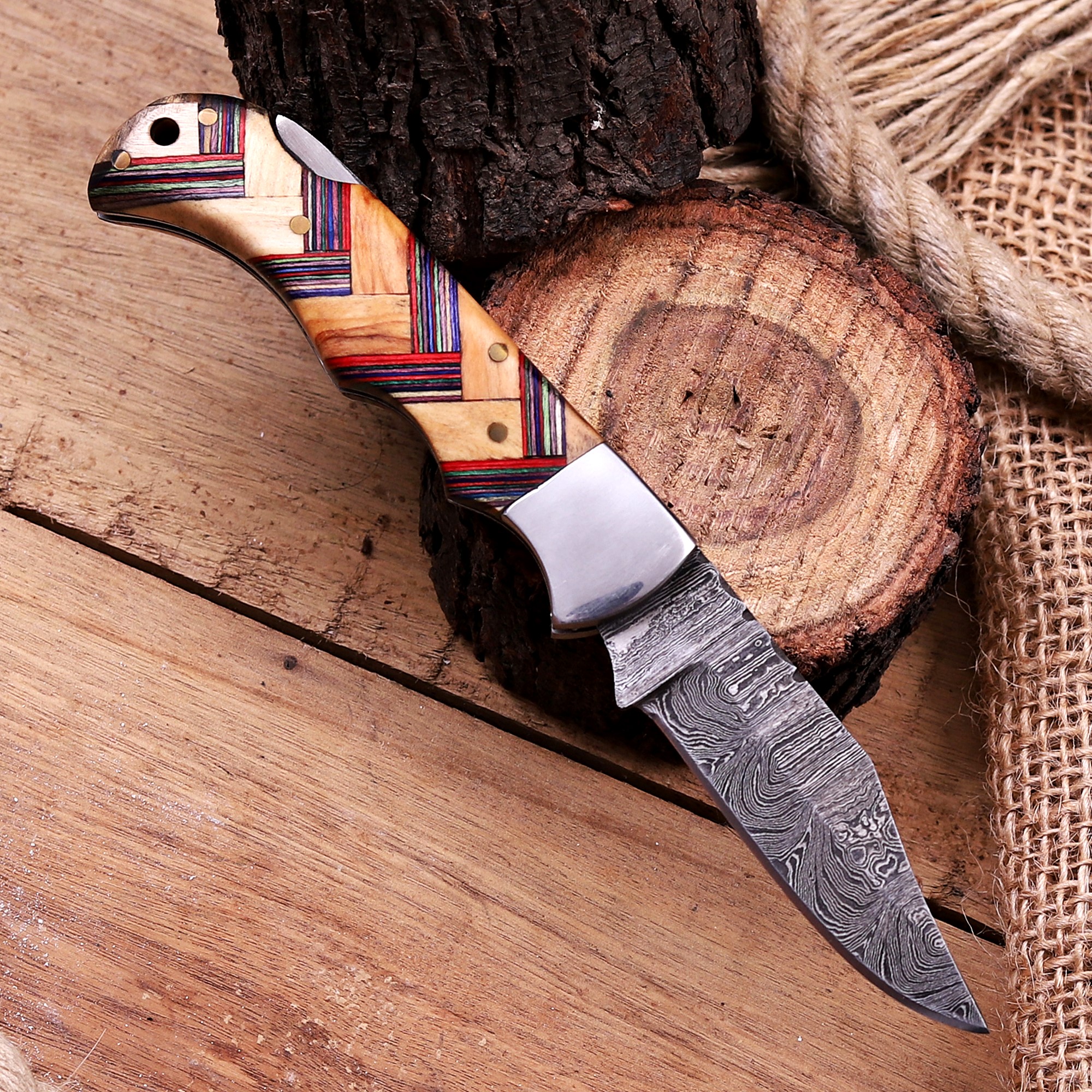Damascus Folding Knife – Rose Wood Handle - Image 3