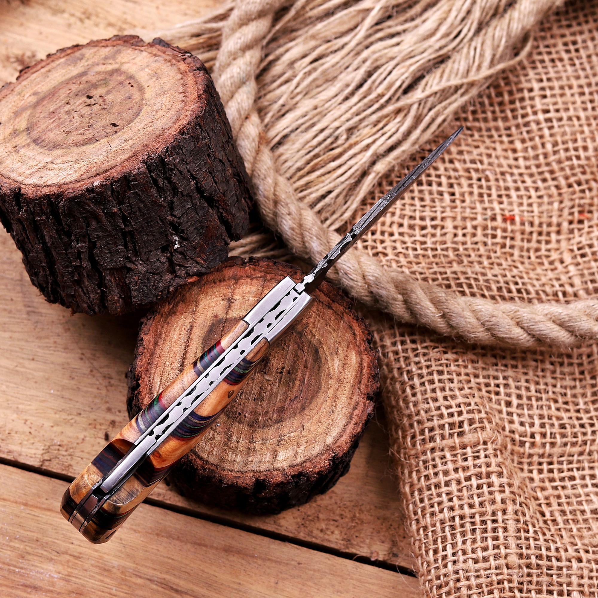 Damascus Folding Knife – Rose Wood Handle - Image 4