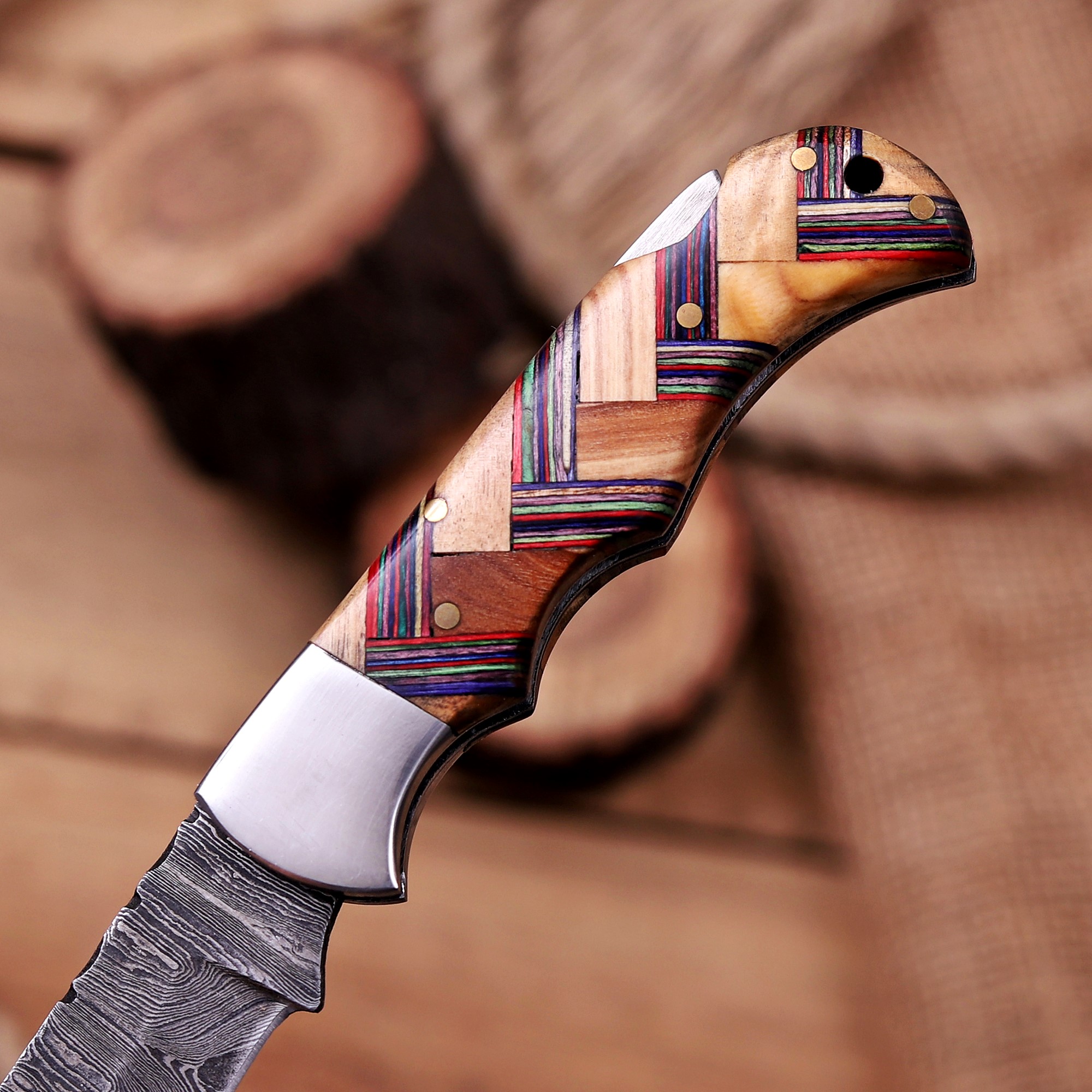 Damascus Folding Knife – Rose Wood Handle - Image 7
