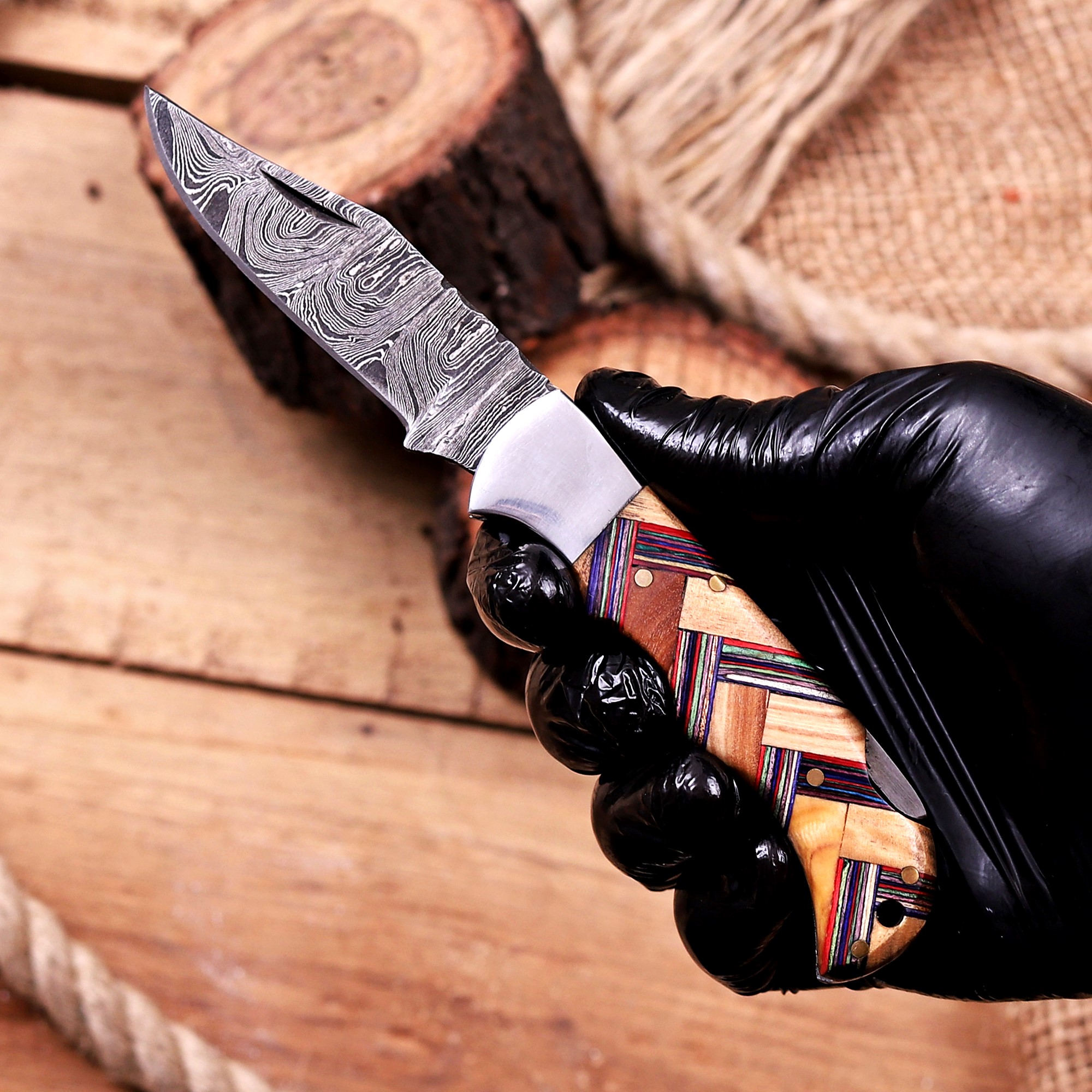 Damascus Folding Knife – Rose Wood Handle - Image 9