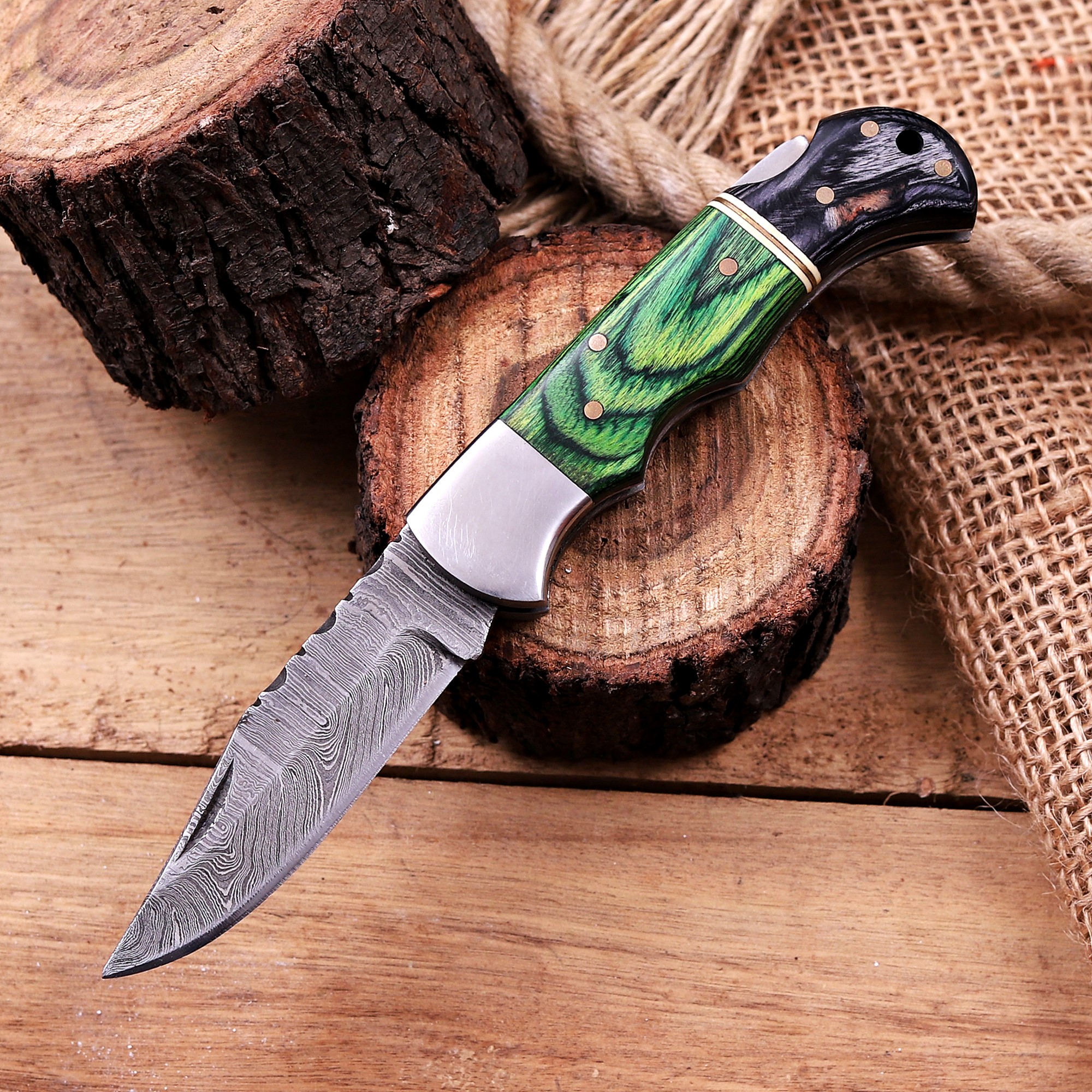 Damascus Folding Knife – Exotic Wood Handle - Image 2