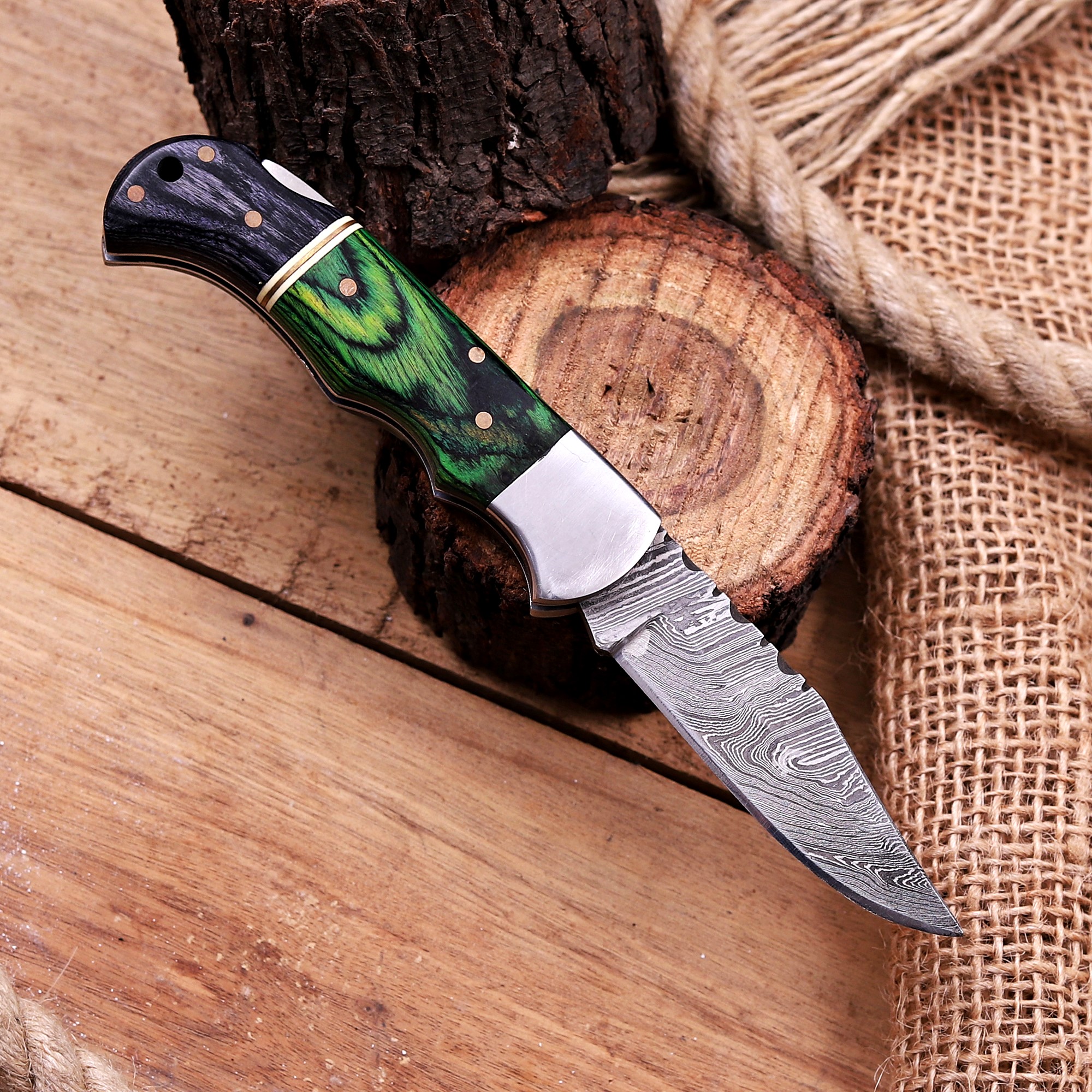 Damascus Folding Knife – Exotic Wood Handle - Image 3