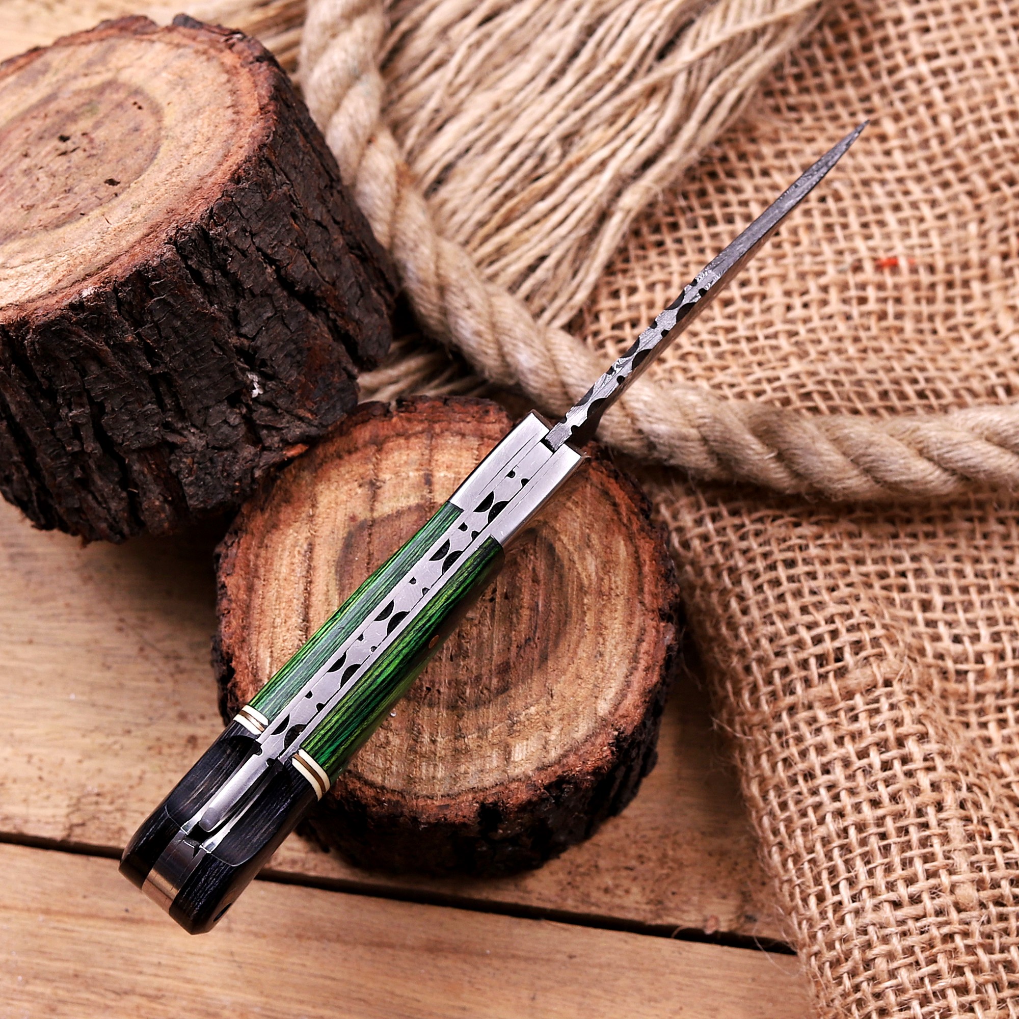 Damascus Folding Knife – Exotic Wood Handle - Image 4