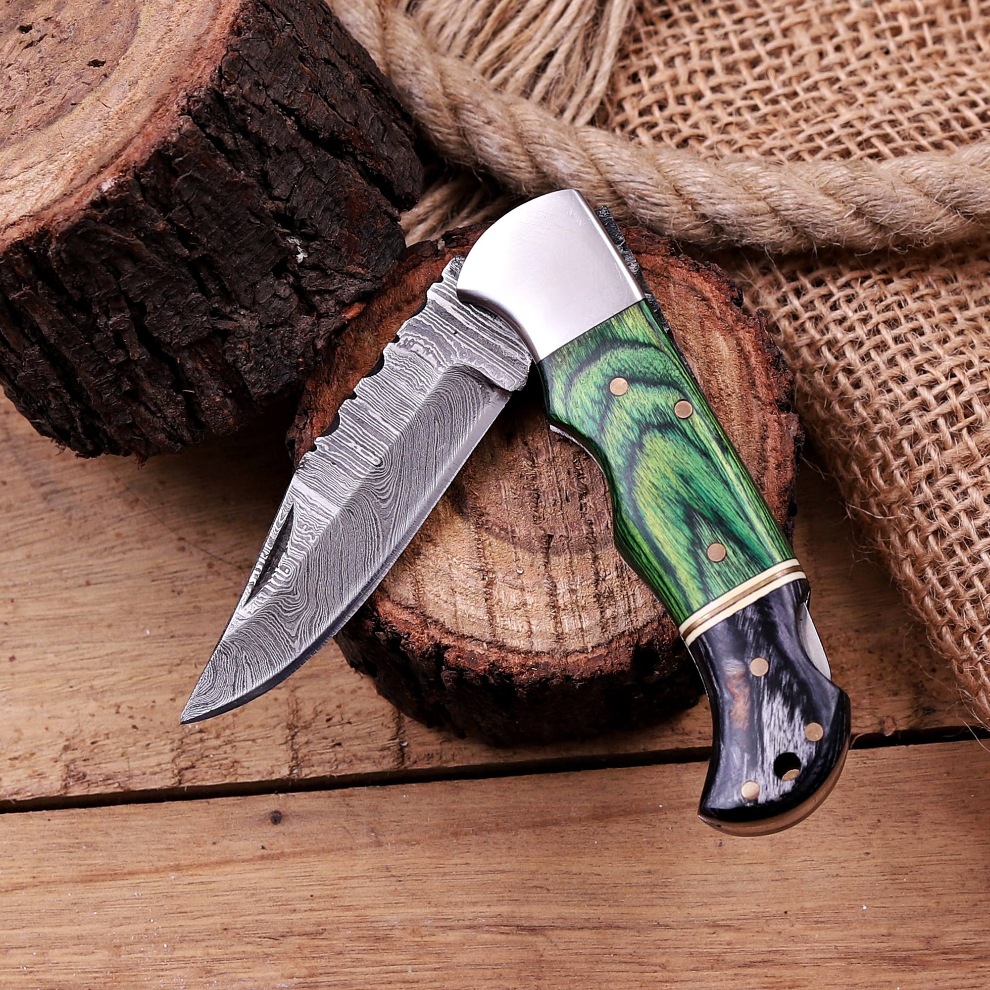 Damascus Folding Knife – Exotic Wood Handle - Image 5