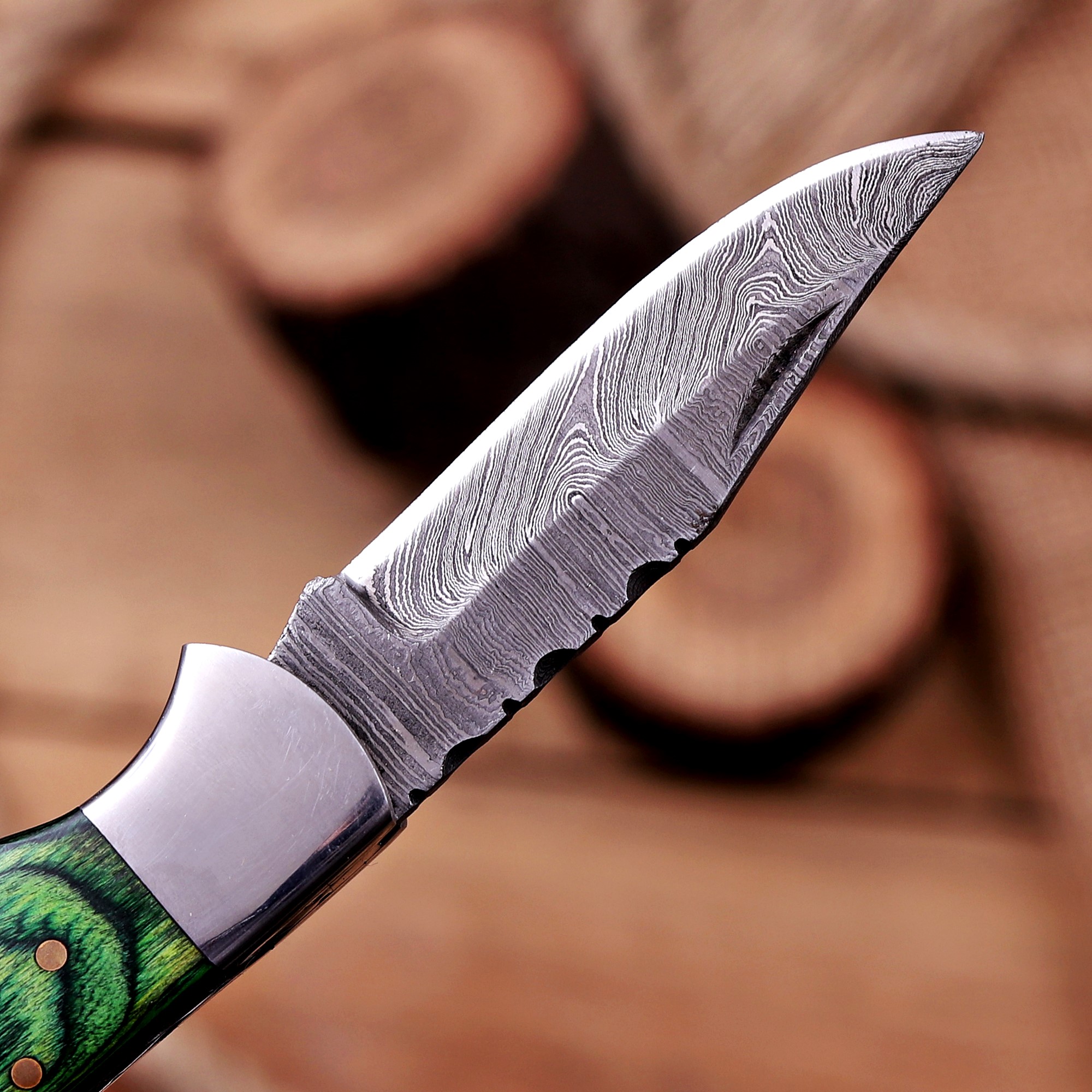 Damascus Folding Knife – Exotic Wood Handle - Image 6