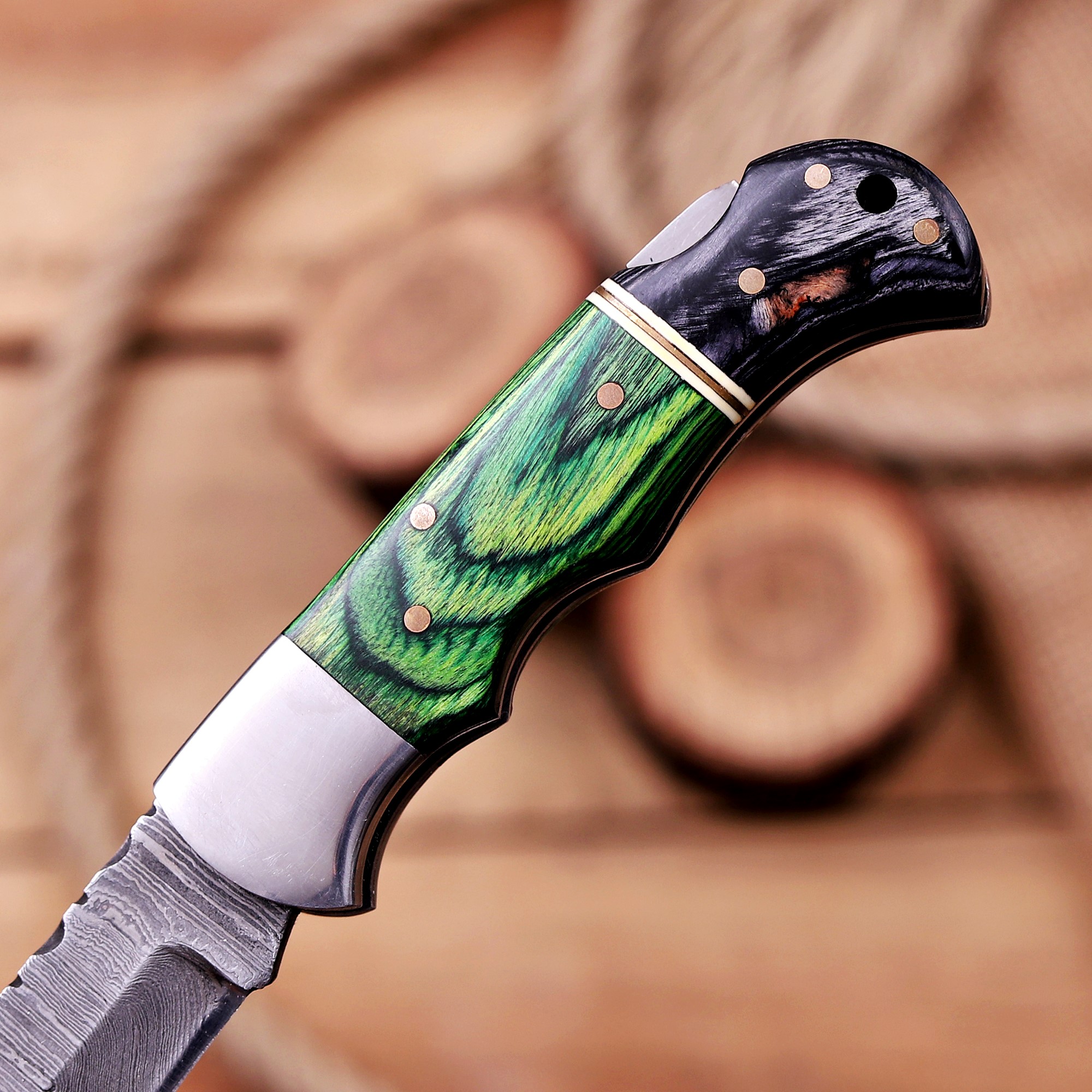 Damascus Folding Knife – Exotic Wood Handle - Image 7
