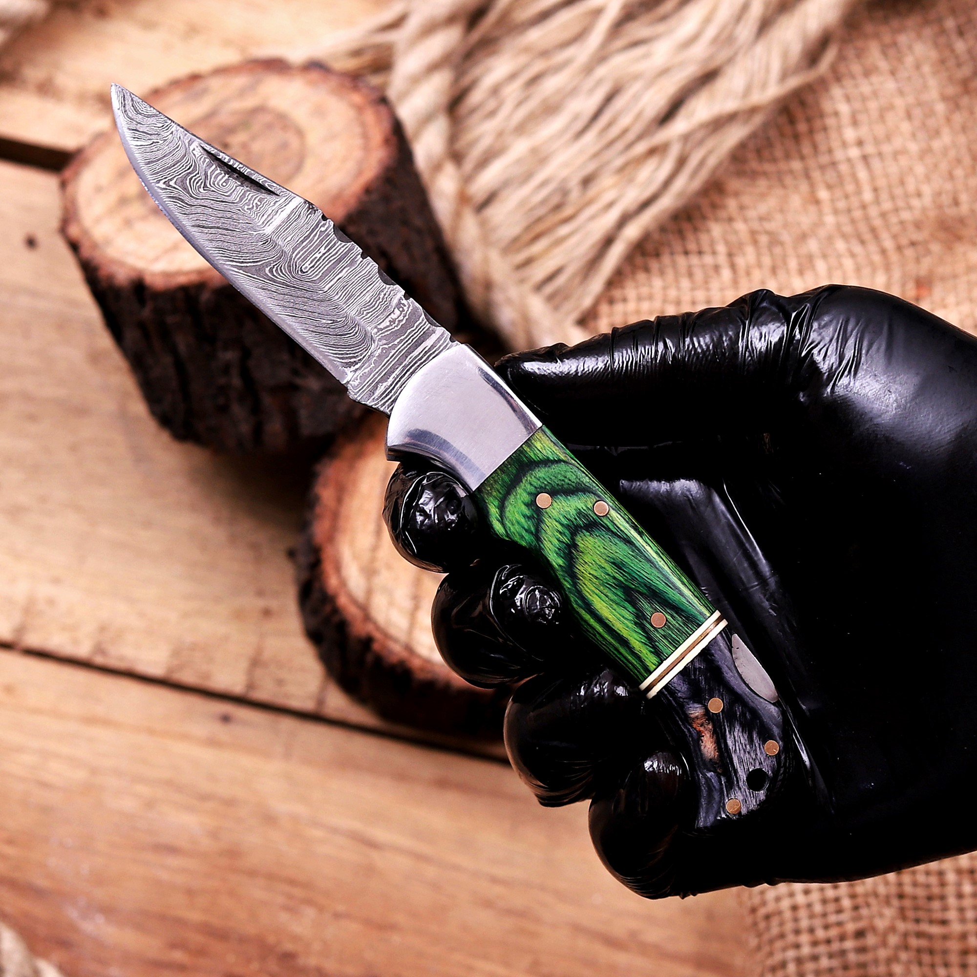 Damascus Folding Knife – Exotic Wood Handle - Image 8