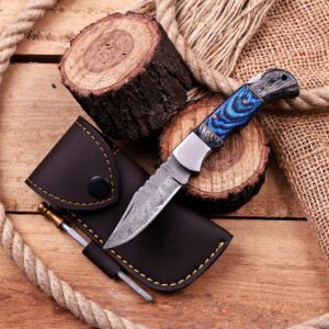 Damascus Folding Knife – Stained Bone & Wood Handle