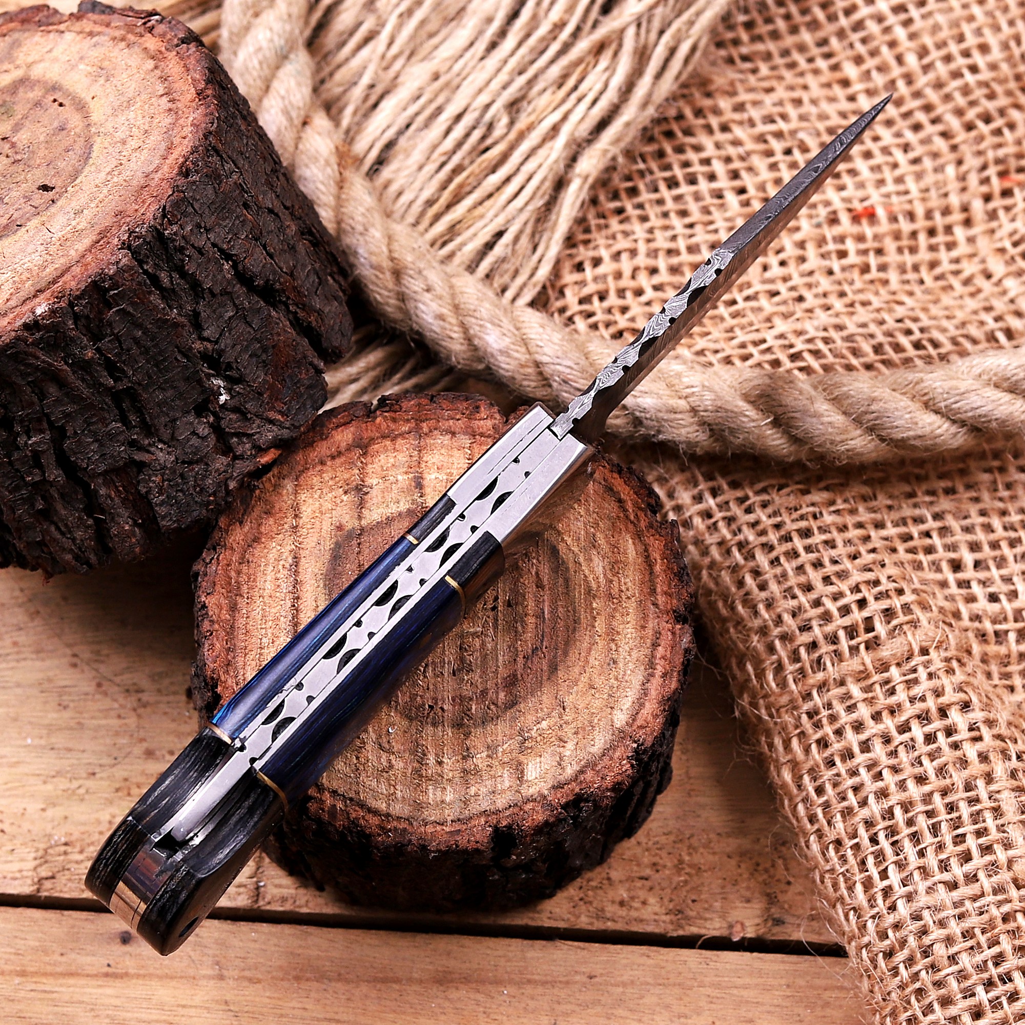 Damascus Folding Knife – Stained Bone & Wood Handle - Image 3