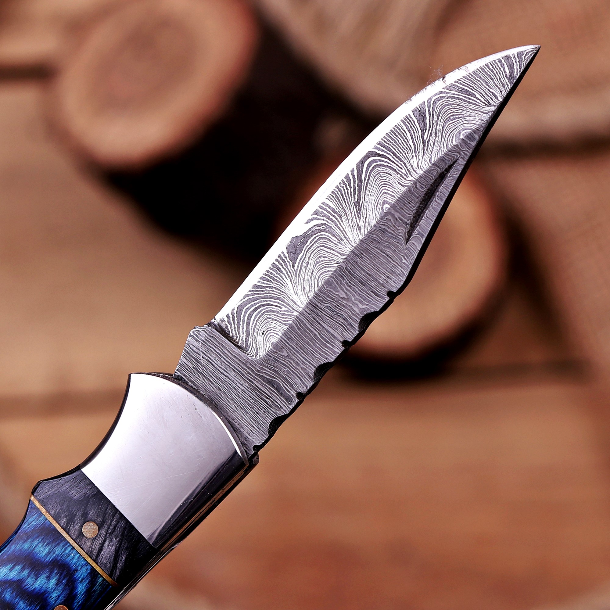 Damascus Folding Knife – Stained Bone & Wood Handle - Image 5