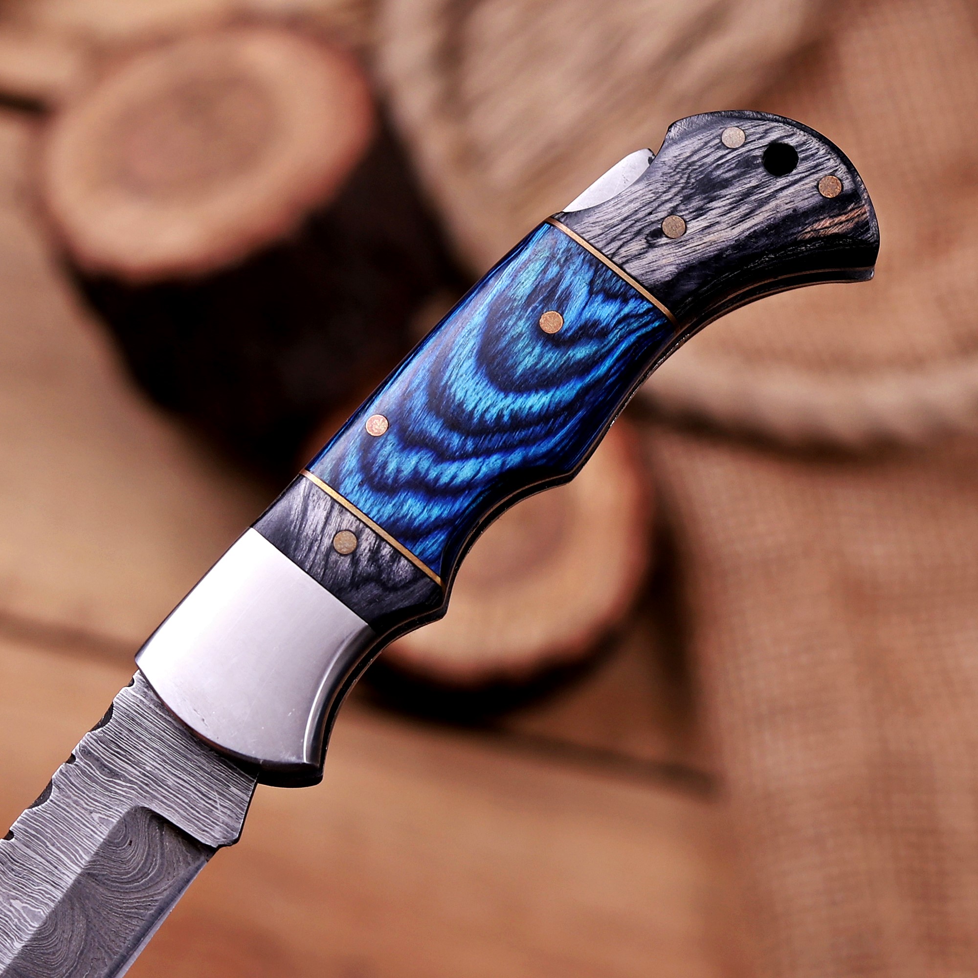 Damascus Folding Knife – Stained Bone & Wood Handle - Image 6